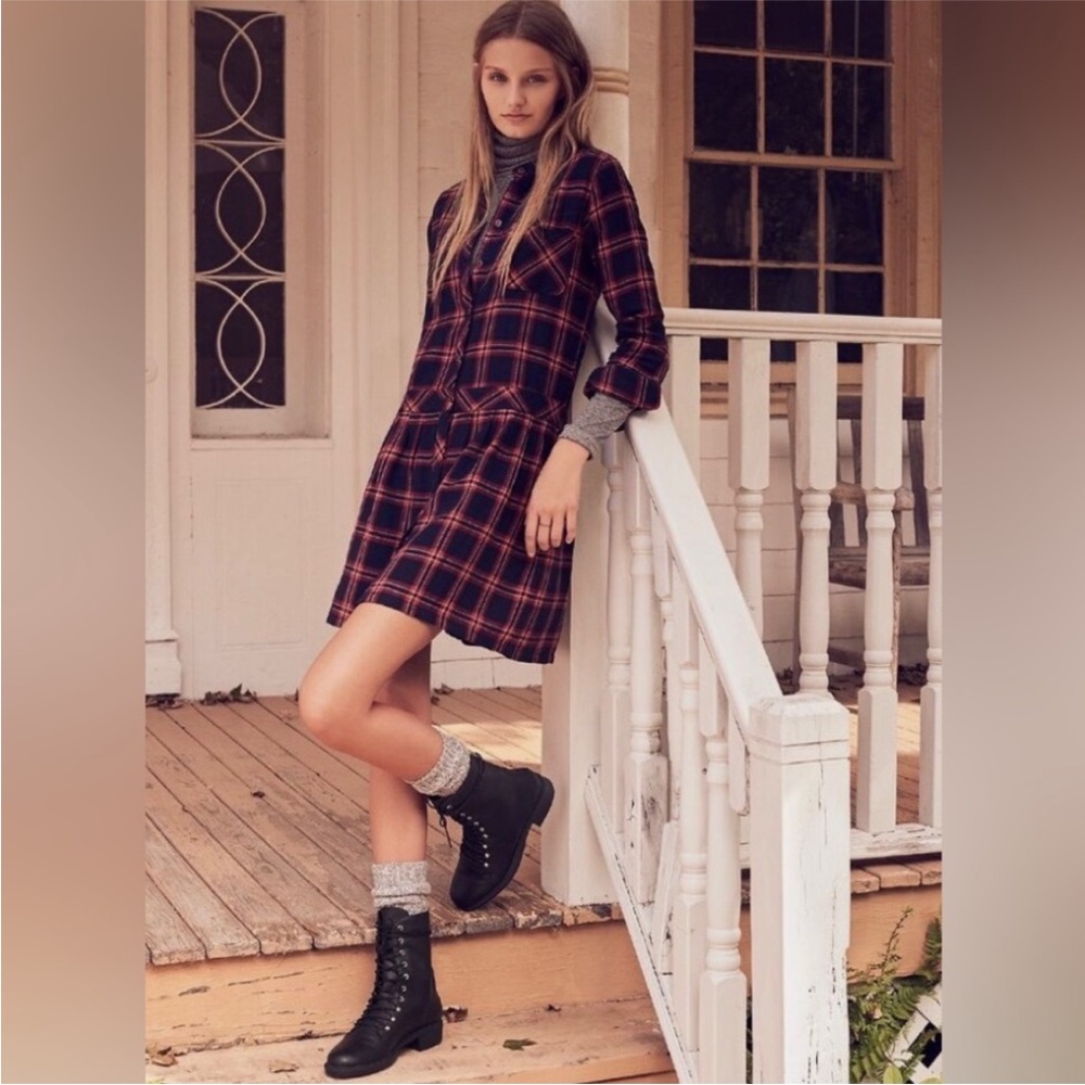 Current/Elliott | Women’s Navy and Red Plaid Long Sleeve The School Girl Dress L
